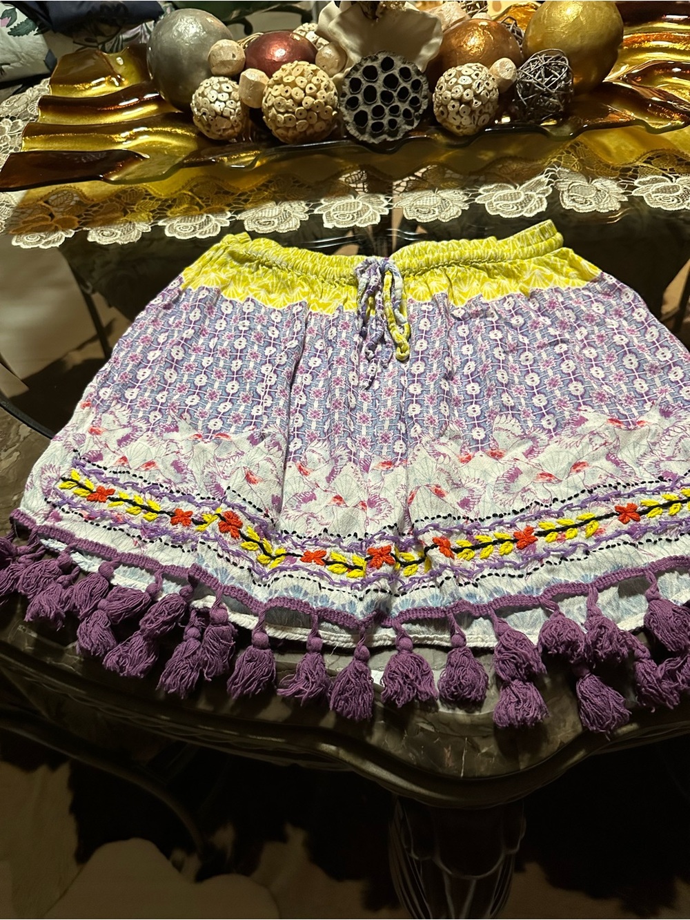 RAGA Purple and Yellow Embroidered Tassel Skirt